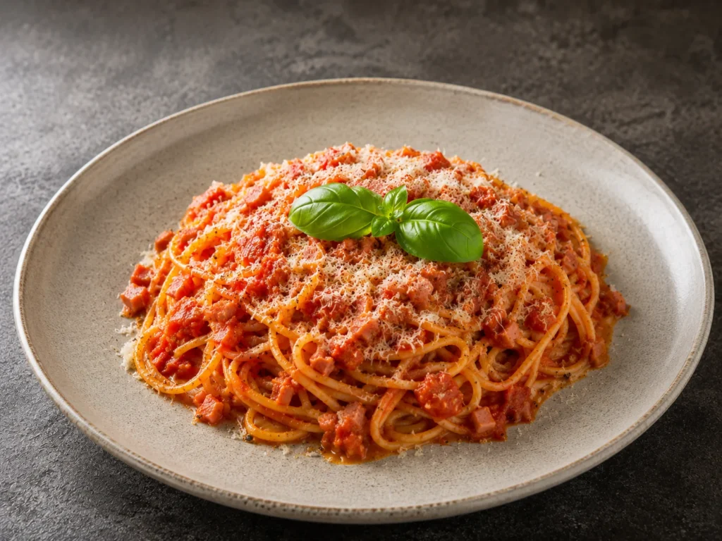 Pasta al pomodoro con pancetta på hvid tallerken med frisk basilikum