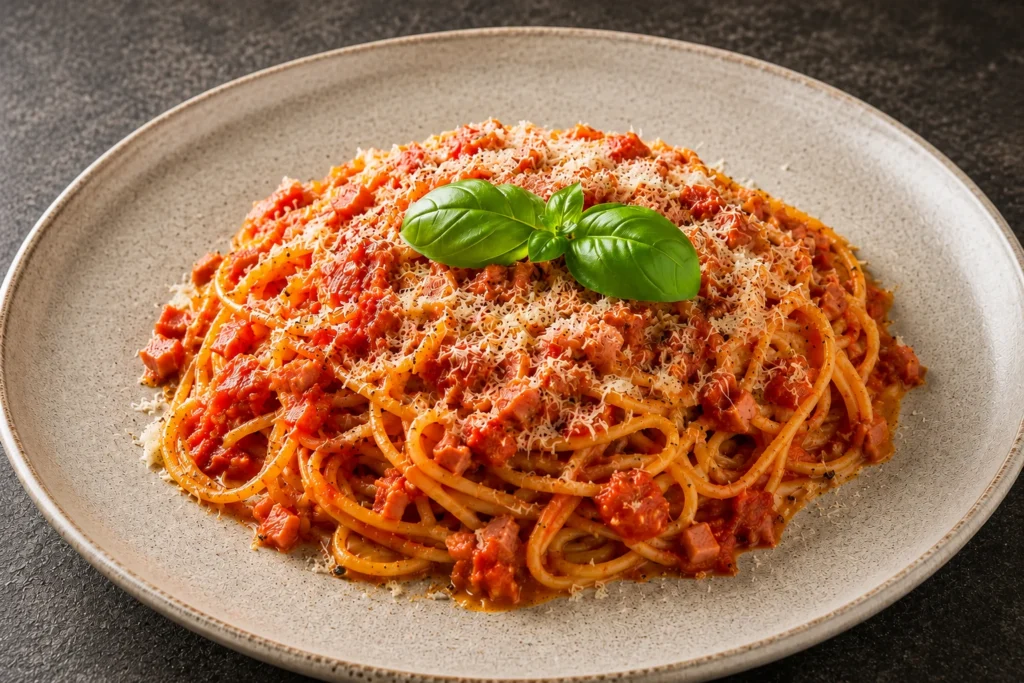 Italiensk pasta med pancetta, tomat og frisk basilikum