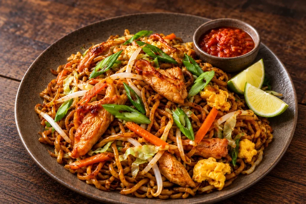 Mie Goreng med kylling, æg og sprøde grøntsager