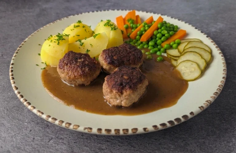 Frikadeller med brun sovs, kartofler, ærter og gulerødder