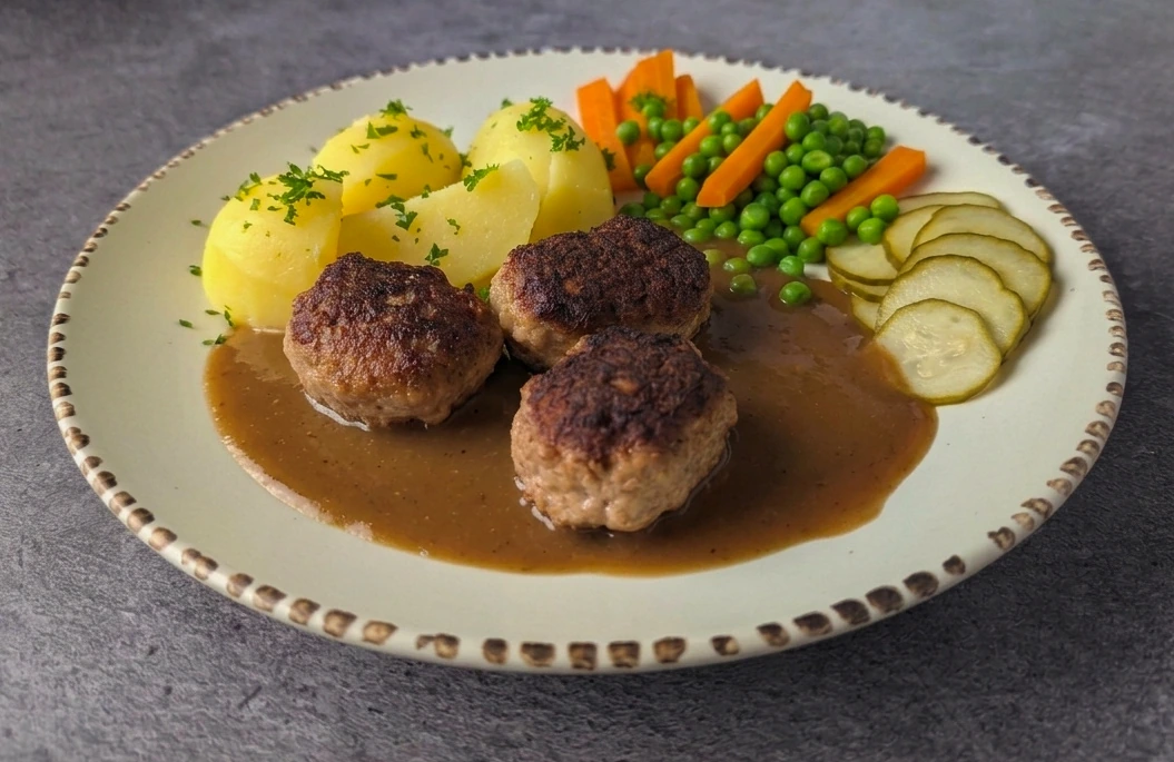 Frikadeller med brun sovs og kartofler