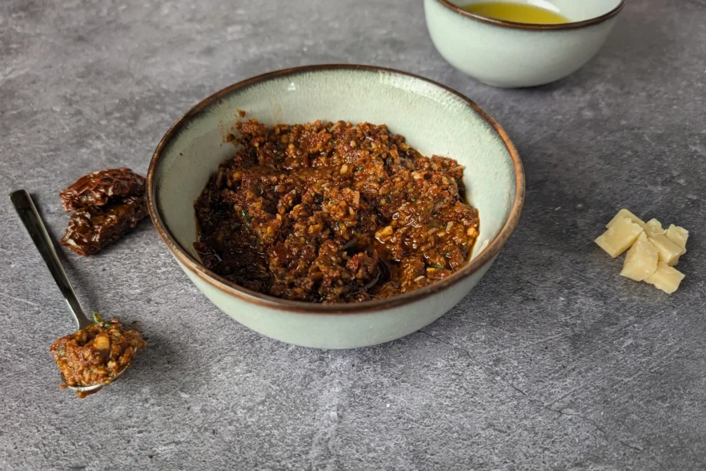 Rød pesto med soltørrede tomater, Grana Padano og pinjekerner