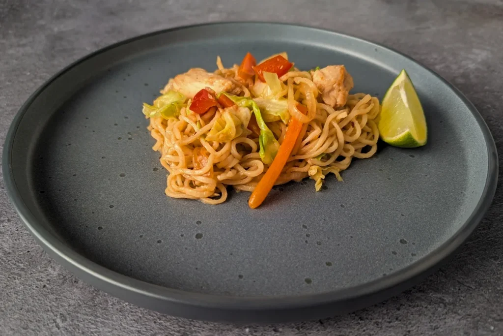 Bún xào gà med kylling, risnudler og grøntsager