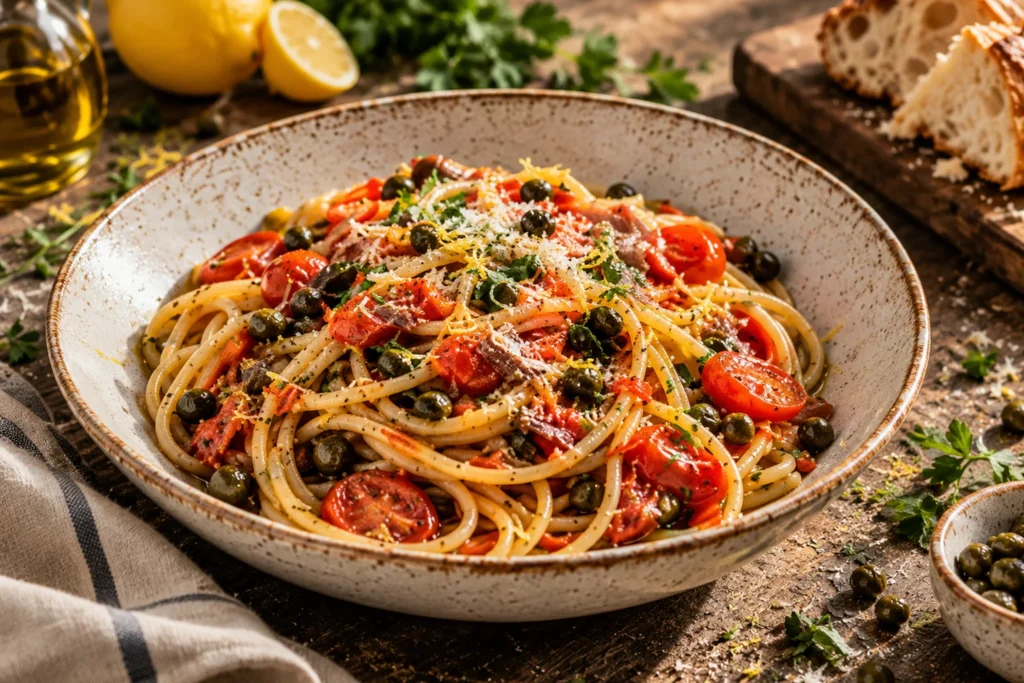 Spaghetti med cherrytomater, ansjoser og kapers