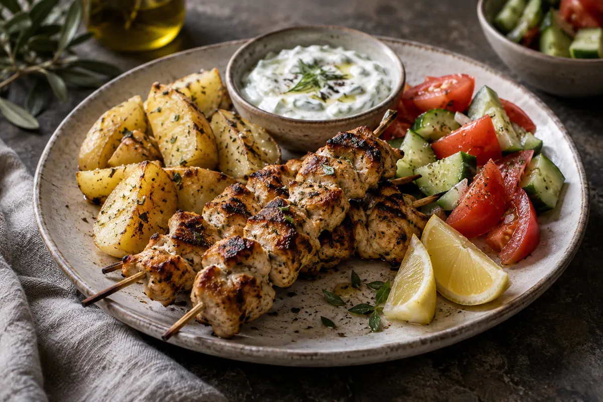 Græsk souvlaki med kartofler og tzatziki