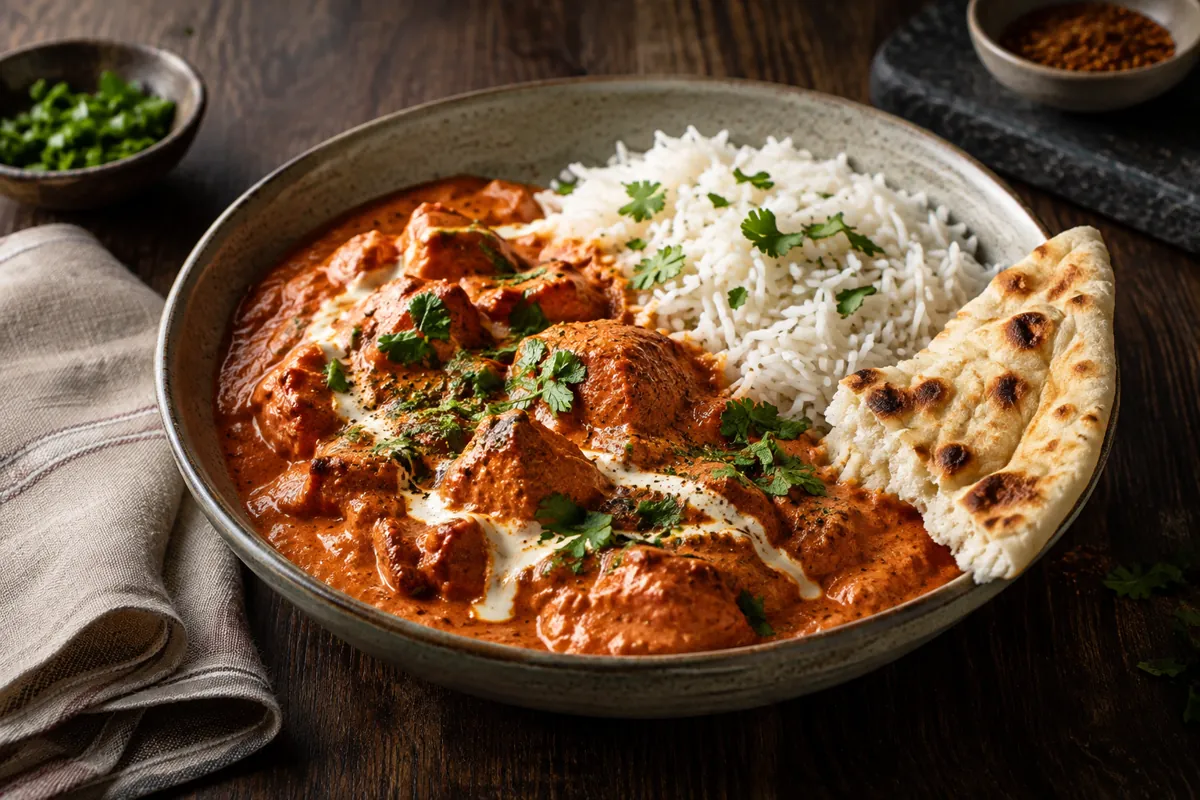 Indisk butter chicken med ris og naan