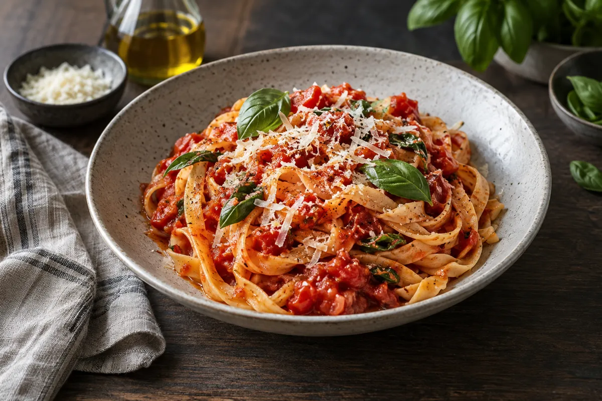 Italiensk pasta med tomat og basilikum
